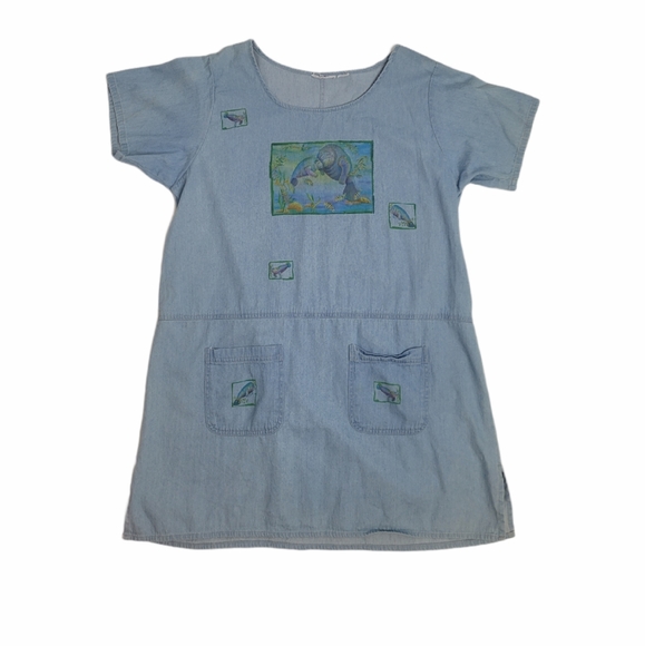 Vintage Dresses & Skirts - VINTAGE 90s blue denim manatee short sleeve shift dress XXL